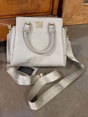 Steve Madden Cream Embossed Logo Crossbody Satchel with Logo Strap